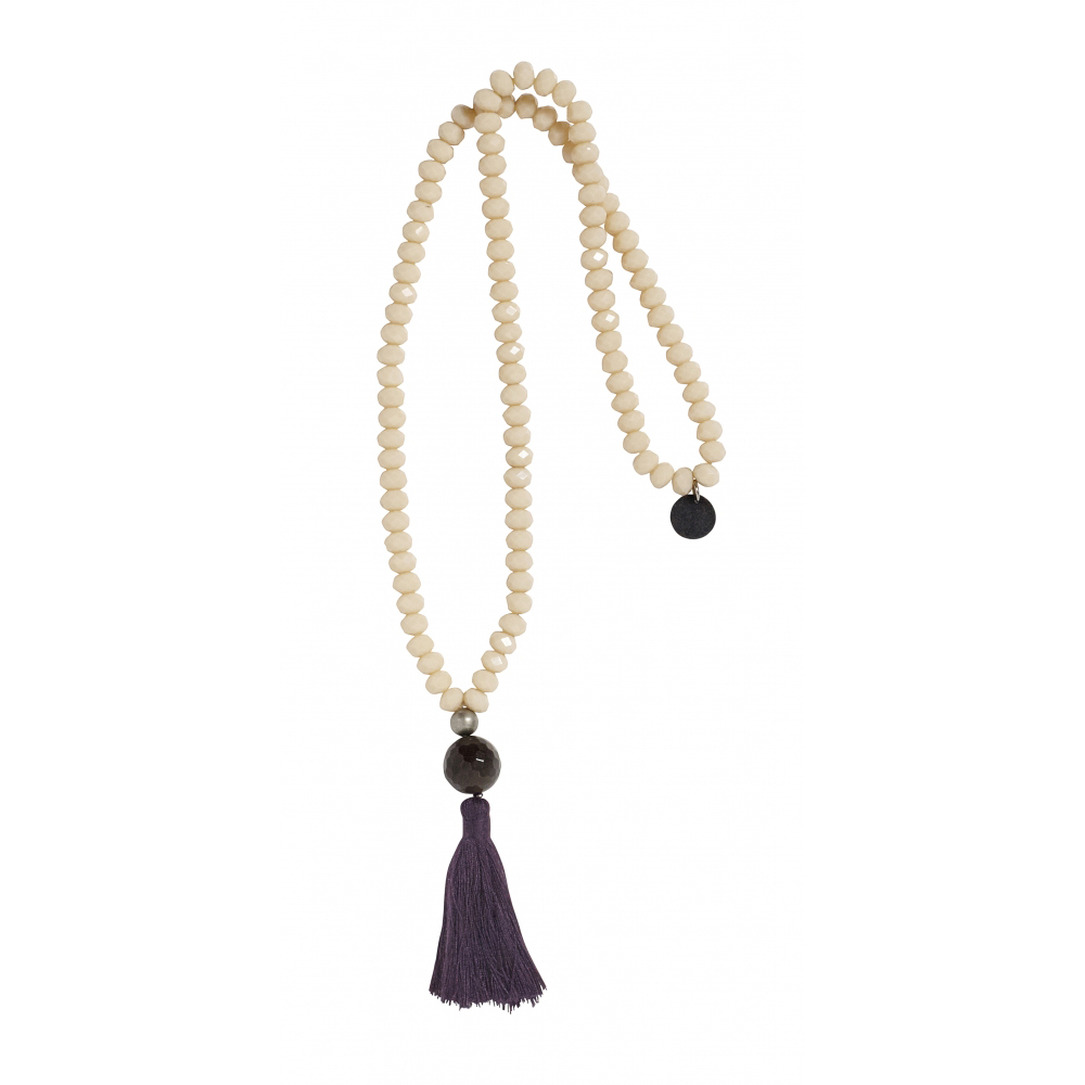 Nordal - MALA necklace, ivory glass,purple tassel